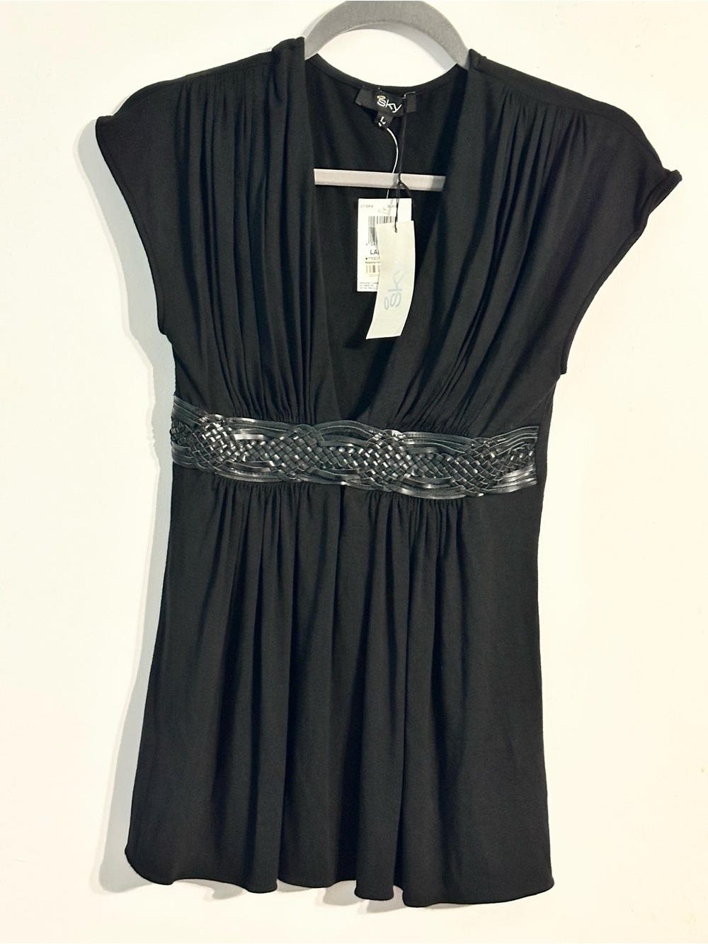 Sky Deep V Black Tunic Top with Braided Waist